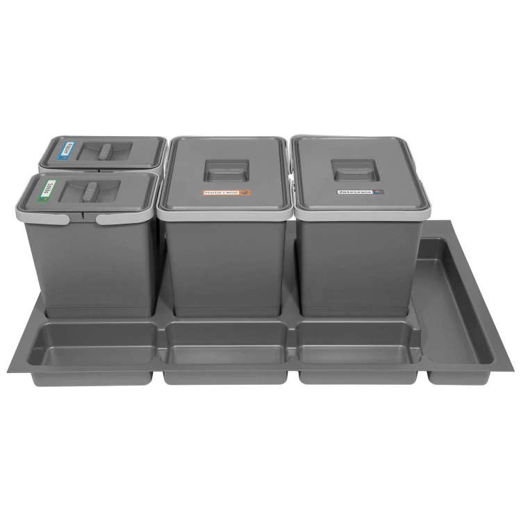 Sortownik FUTURE 90 cm z koszami 2×15 l i 2×7 l – widok szerokiego zestawu czterech pojemników z przodu