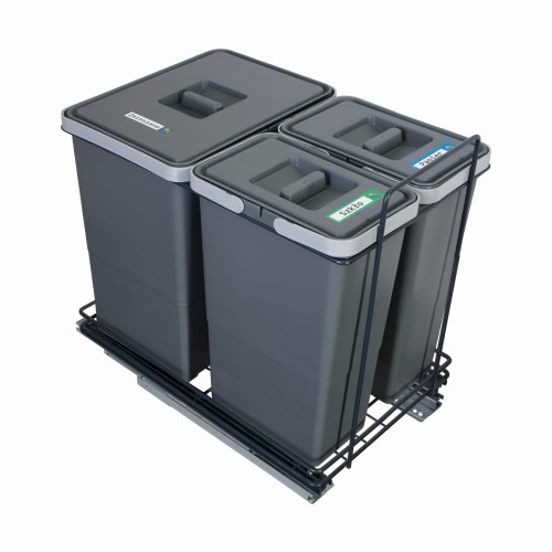 Sortownik ECOCUBE Sortowniki24 – stelaż z trzema antracytowymi koszami 1×18 l i 2×8 l na białym tle