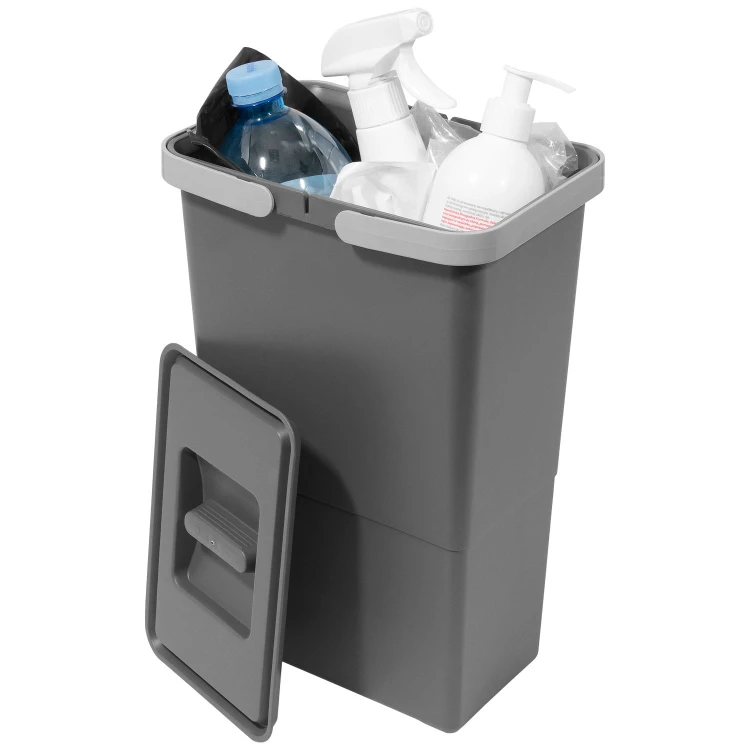 Kosz Future 8l w sortowniku ECOCUBE z zdjętą pokrywą – wnętrze antracytowego pojemnika z zawartością