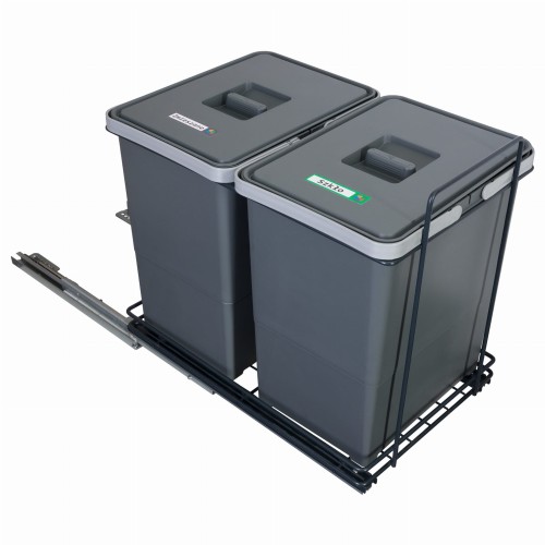Sortownik ECOCUBE antracyt z wysuniętym metalowym stelażem – dwa antracytowe kosze 18 l z naklejkami frakcji