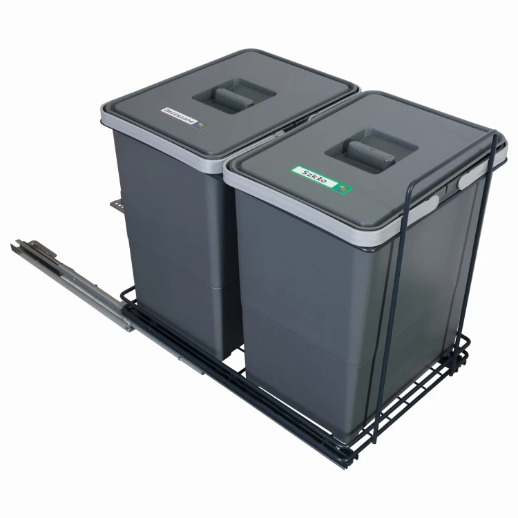 Sortownik ECOCUBE antracyt z wysuniętym metalowym stelażem – dwa antracytowe kosze 18 l z naklejkami frakcji