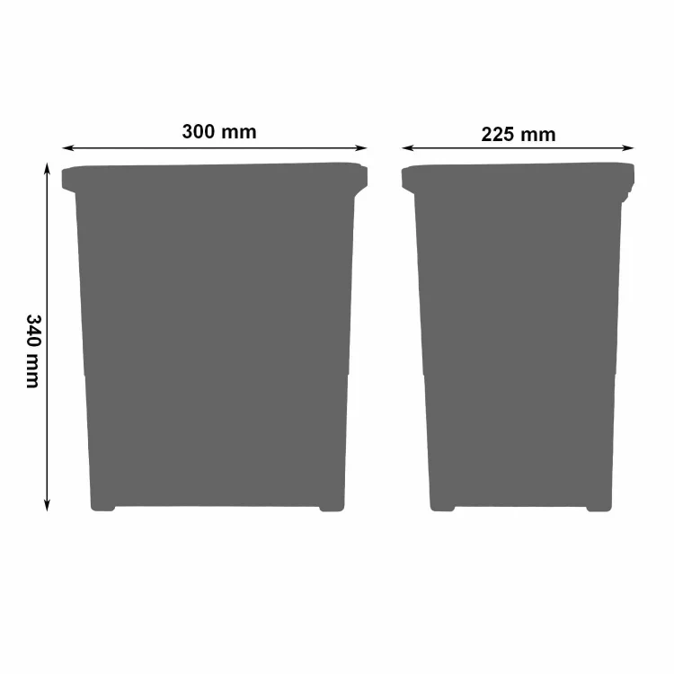 Rysunek techniczny kosza  Future 18l w sortowniku ECOCUBE – wymiary 300×225 mm góra, 250×180 mm dół, wysokość 340 mm