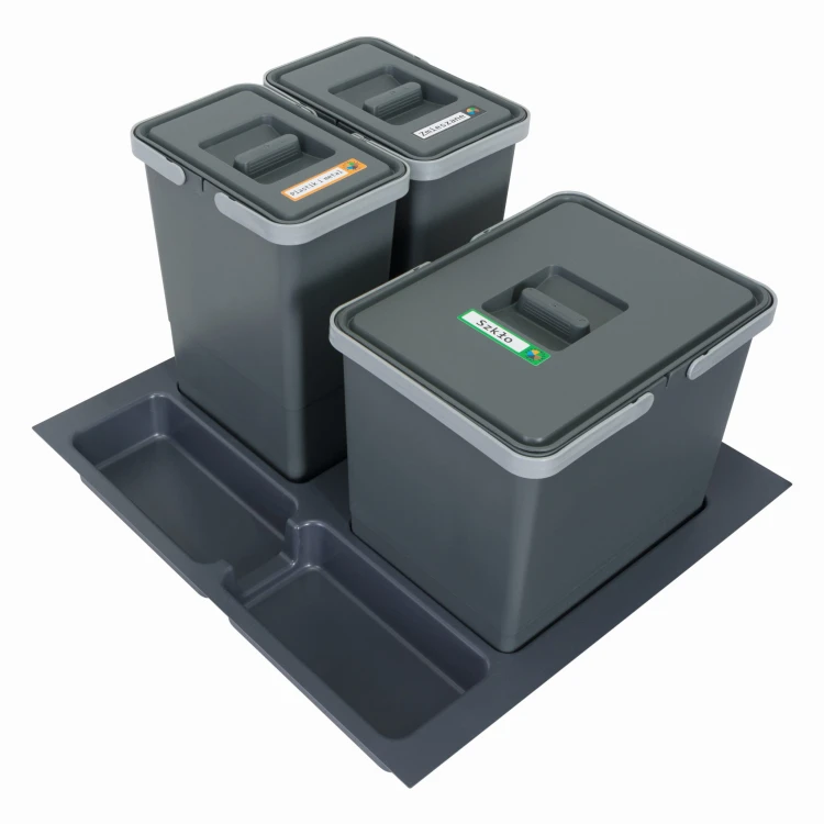 FUTURE CONFIG 60 cm – zestaw trzech koszy 1×15 l i 2×8 l wysokość 28 i 34 cm na białym tle