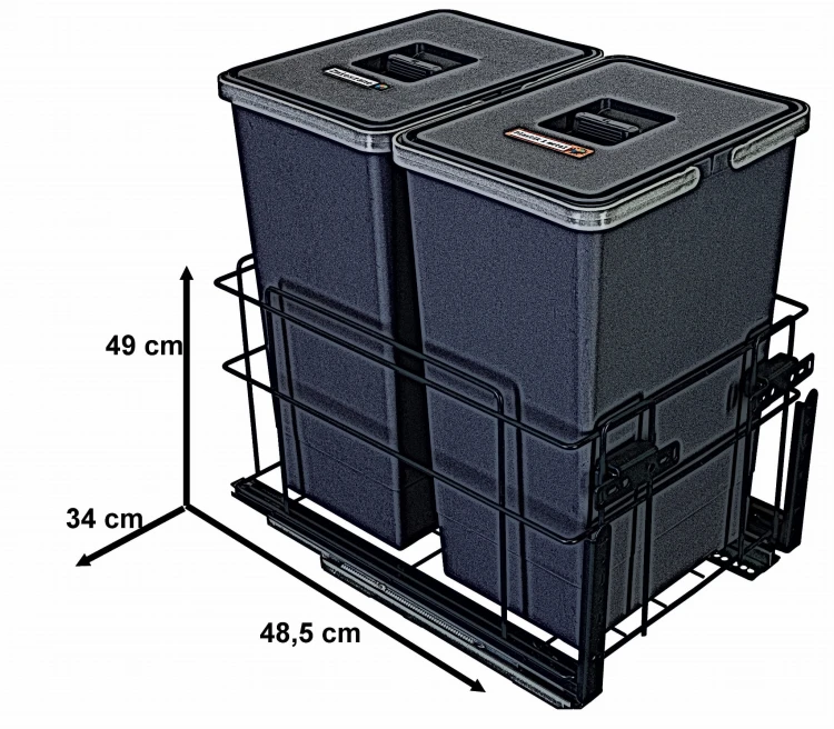 Sortownik śmieci SQUARE ANTRACYT do szafki 40 cm Cichy domyk 2x24 z mocowaniem frontu meblowego