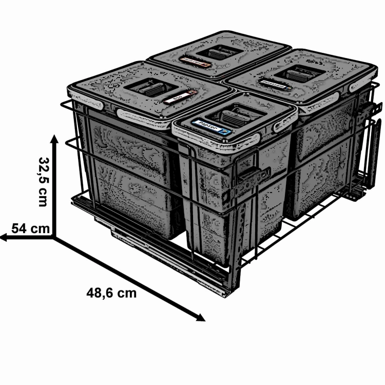 Sortownik śmieci SQUARE ANTRACYT do szafki 60 cm Cichy domyk 3x15 1x7 z mocowaniem frontu meblowego