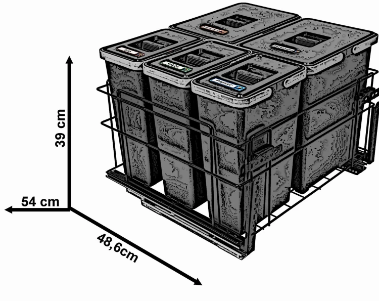 Sortownik śmieci SQUARE ANTRACYT do szafki 60 cm Cichy domyk 2x18 3x8 z mocowaniem frontu meblowego