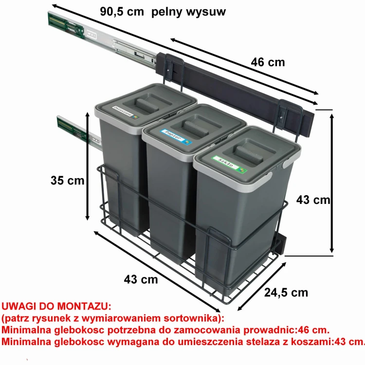 Sortownik śmieci SLIM ANTRACYT Cichy domyk do szafki od 30cm 3x8 litrów 25 cm