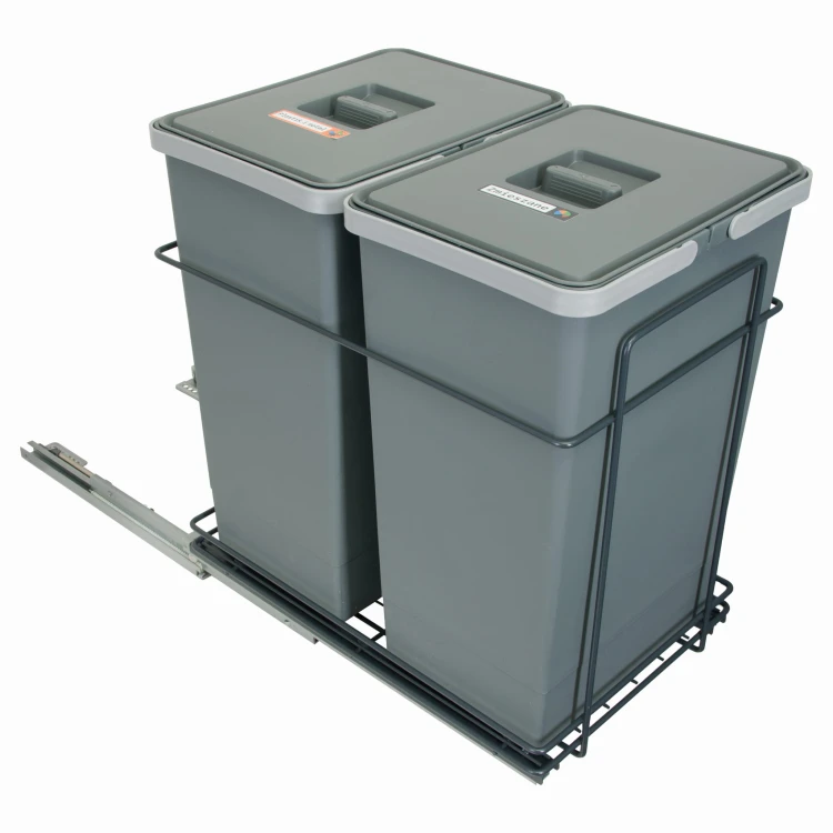 Sortownik ECOCUBE antracyt z wysuniętym metalowym stelażem – dwa antracytowe kosze 24 l z naklejkami frakcji