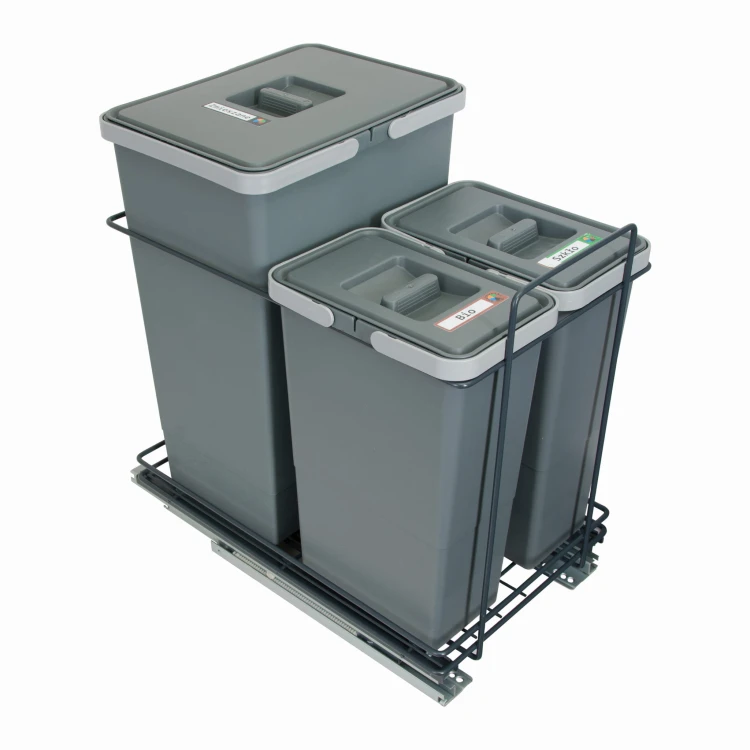 Sortownik ECOCUBE antracyt Sortowniki24 – stelaż z koszami FUTURE 1×24 l i 2×8 l na białym tle - kosze 8 litrów umieszczone z przodu
