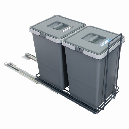 Sortownik ECOCUBE antracyt z wysuniętym metalowym stelażem – dwa antracytowe kosze 12 l z naklejkami frakcji