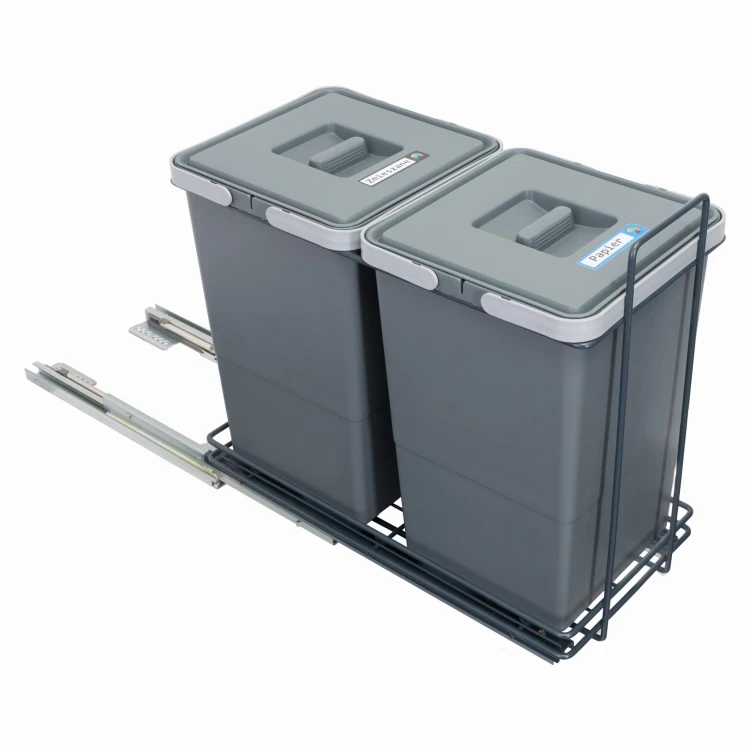 Sortownik ECOCUBE antracyt z wysuniętym metalowym stelażem – dwa antracytowe kosze 12 l z naklejkami frakcji