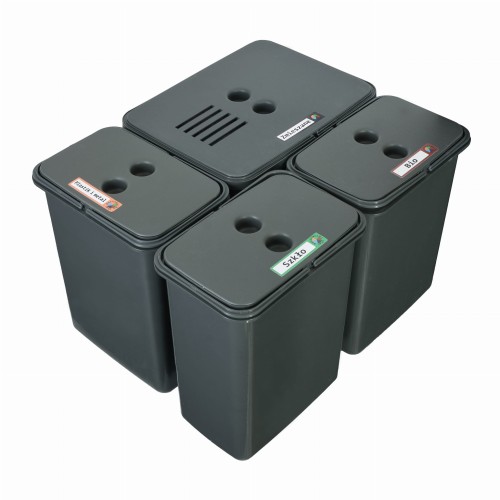 FLEXI do szuflady BLUM – cztery kosze 1×16 l i 3×8 l z filtrem węglowym na białym tle