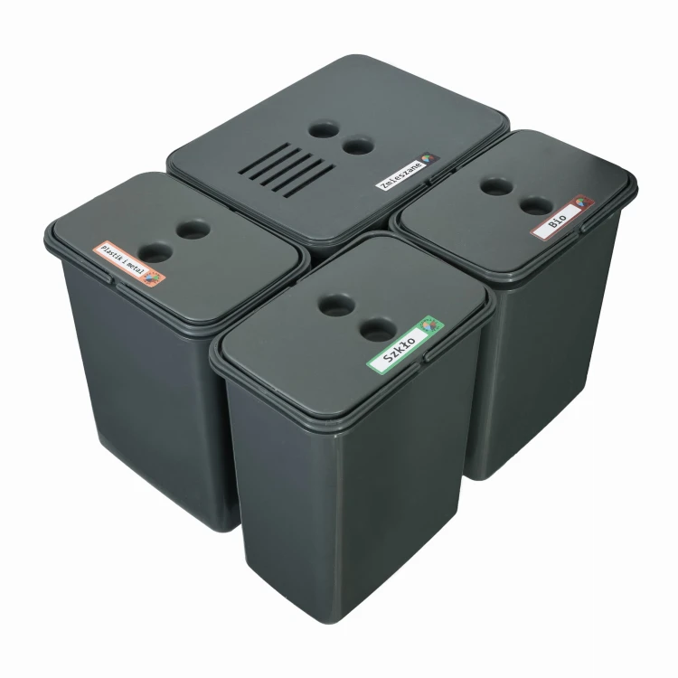 FLEXI do szuflady BLUM – cztery kosze 1×16 l i 3×8 l z filtrem węglowym na białym tle