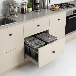 Sortownik śmieci FUTURE do szuflady w szafce 60 cm – 3 kosze 1×15 l + 2×7 l, wysokość 28 cm