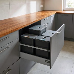 Zestaw koszy do sortowania FLEXI do szuflady BLUM w szafce 60 cm – 4 kosze 2x8 l + 1x20 l + 1x16 l