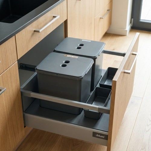 Sortownik do szuflady 60 cm Flexi BASE 2×16 l z kuwetkami Sortowniki24 – system segregacji odpadów w zabudowie kuchennej