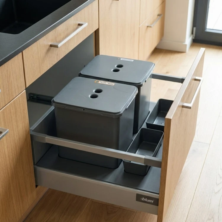 Sortownik do szuflady 60 cm Flexi BASE 2×16 l z kuwetkami Sortowniki24 – system segregacji odpadów w zabudowie kuchennej
