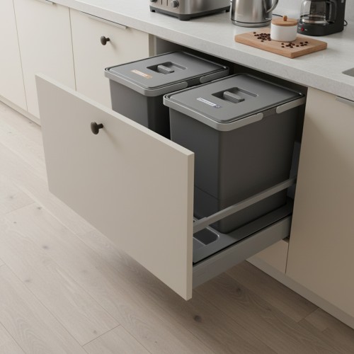 Sortownik do szuflady w szafce 60 cm FUTURE 2×24 l Sortowniki24 – system segregacji odpadów w zabudowie kuchennej