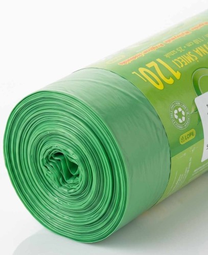 Zielone worki LDPE 120 l – zwarta rolka 25 sztuk do segregacji dużych ilości odpadów