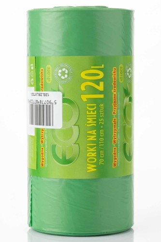 Worki na śmieci zielone LDPE 120 l Sortowniki24 – rolka 25 sztuk bardzo mocnych worków na odpady
