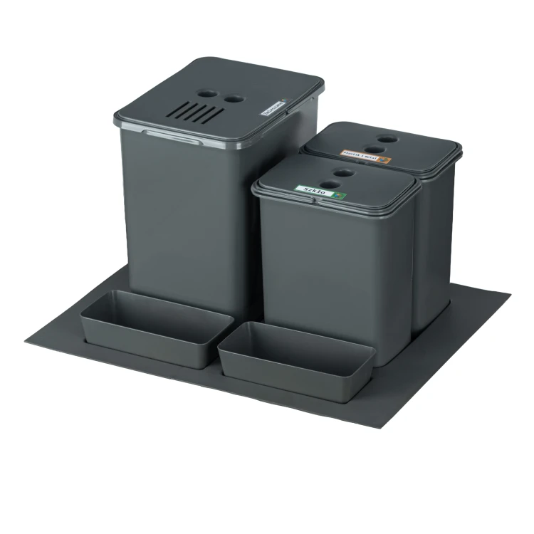 Sortownik do szuflady w szafce 60 cm Flexi BASE 1×20 l + 2×8 l z filtrem Sortowniki24 – trzy kosze z redukcją zapachów w kuchni