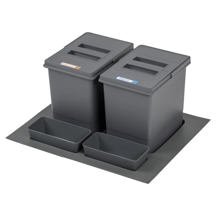 Sortownik QUADRA do szuflady w szafce 60 cm Sortowniki24 – zestaw 2 koszy 15 l na białym tle