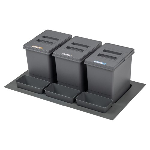 Sortownik QUADRA do szuflady w szafce 80 i 90 cm Sortowniki24 – zestaw 3 koszy 15 l na białym tle