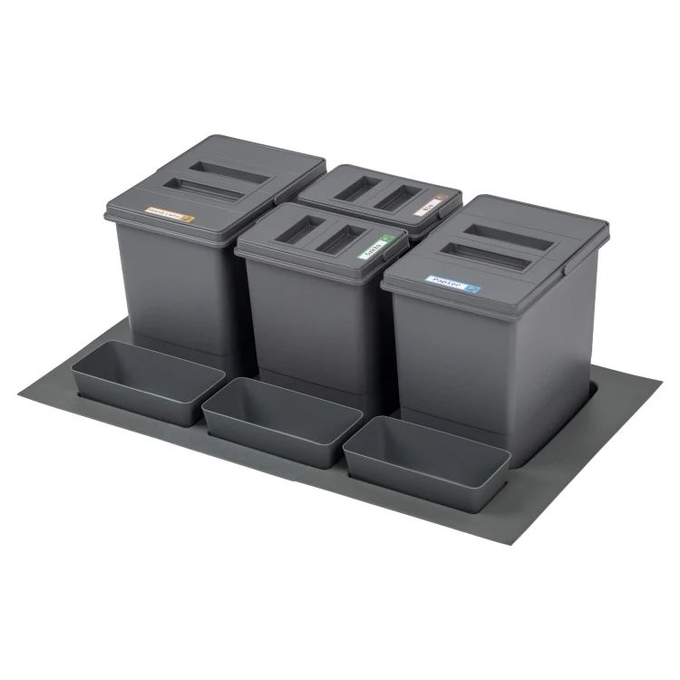 Sortownik QUADRA do szuflady w szafce 80 i 90 cm Sortowniki24 – zestaw 4 koszy 2×15 l i 2×7 l