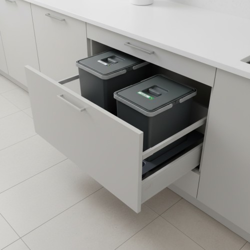 Sortownik do szuflady w szafce 60 cm FUTURE CONFIG 1×15 l + 1×18 l Sortowniki24 – dwa kosze różnych wysokości do segregacji