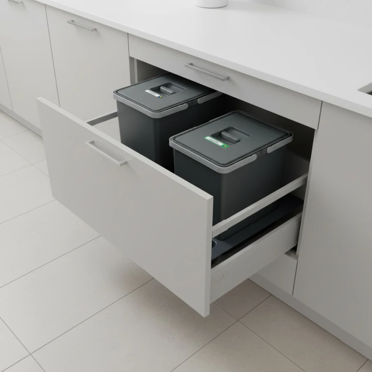 Sortownik do szuflady w szafce 60 cm FUTURE CONFIG 1×15 l + 1×18 l Sortowniki24 – dwa kosze różnych wysokości do segregacji