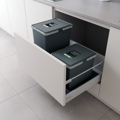 Sortownik do szuflady w szafce 60 cm FUTURE CONFIG 1×24 l + 1×15 l Sortowniki24 – dwa kosze z największą różnicą wysokości do segregacji