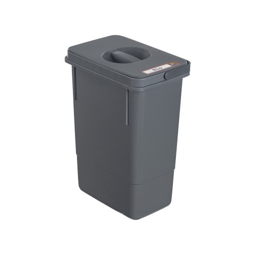 Polski kosz antracytowy 7 l na białym tle. Gładka pokrywa z prostokątnym uchwytem oparta o bok pojemnika, odsłaniając wnętrze. Wysokość 30 cm. Packshot.