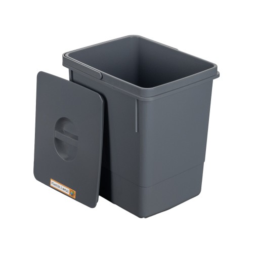 Wysoki, antracytowy kosz do segregacji 15 l z gładką pokrywą. Wysokość 30 cm. Widoczny prostokątny uchwyt oraz etykieta. Produkt polski, packshot, białe tło.