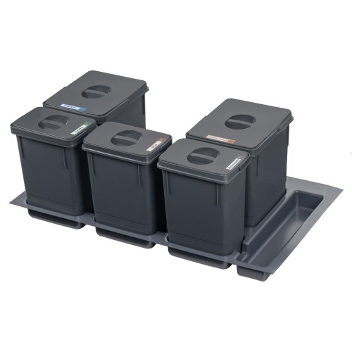 Sortownik IRYS do szuflady 90 cm Sortowniki24 – zestaw 2 koszy 15 l i 3 koszy 7 l na białym tle