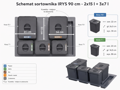 Sortownik IRYS do szuflady 90 cm Sortowniki24 – schemat z wymiarami