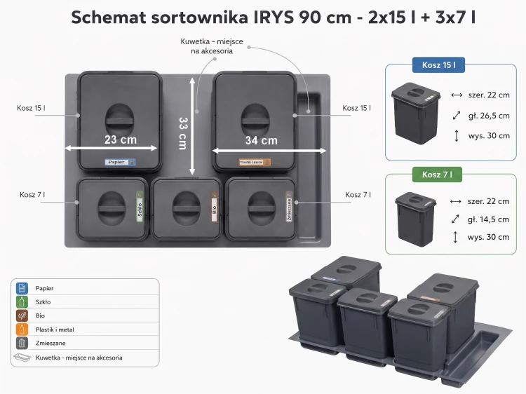 Sortownik IRYS do szuflady 90 cm Sortowniki24 – schemat z wymiarami
