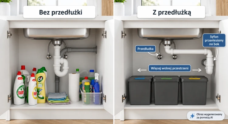 Przedłużka do syfonu pod zlewem porównanie przed i po z większą ilością miejsca