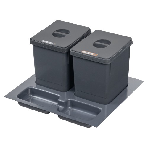 Sortownik IRYS do szuflady 60 cm Sortowniki24 – dwa antracytowe kosze 15 l na podstawce na białym tle