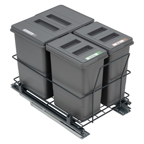 Sortownik MODERN z koszami QUADRA 1x15 l i 2x7 l Sortowniki24 - trzy kosze z pokrywami na stelażu