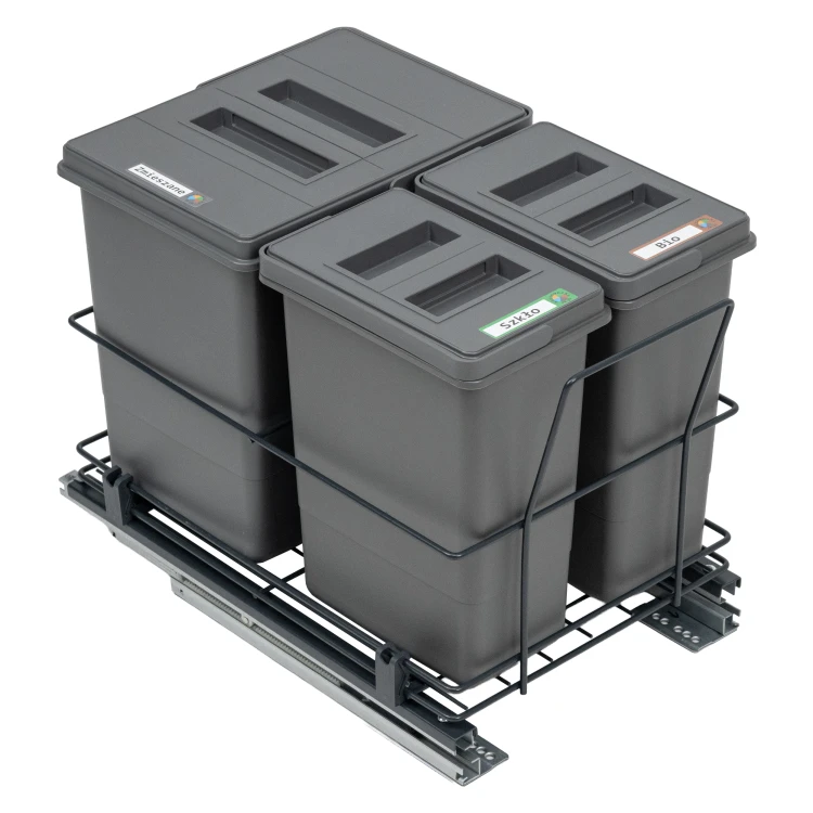 Sortownik MODERN z koszami QUADRA 1x15 l i 2x7 l Sortowniki24 - trzy kosze z pokrywami na stelażu