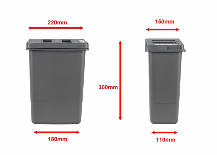 Wymiary kosza QUADRA 7 l z pokrywą - szerokość 15 cm, głębokość 22 cm, wysokość 30 cm